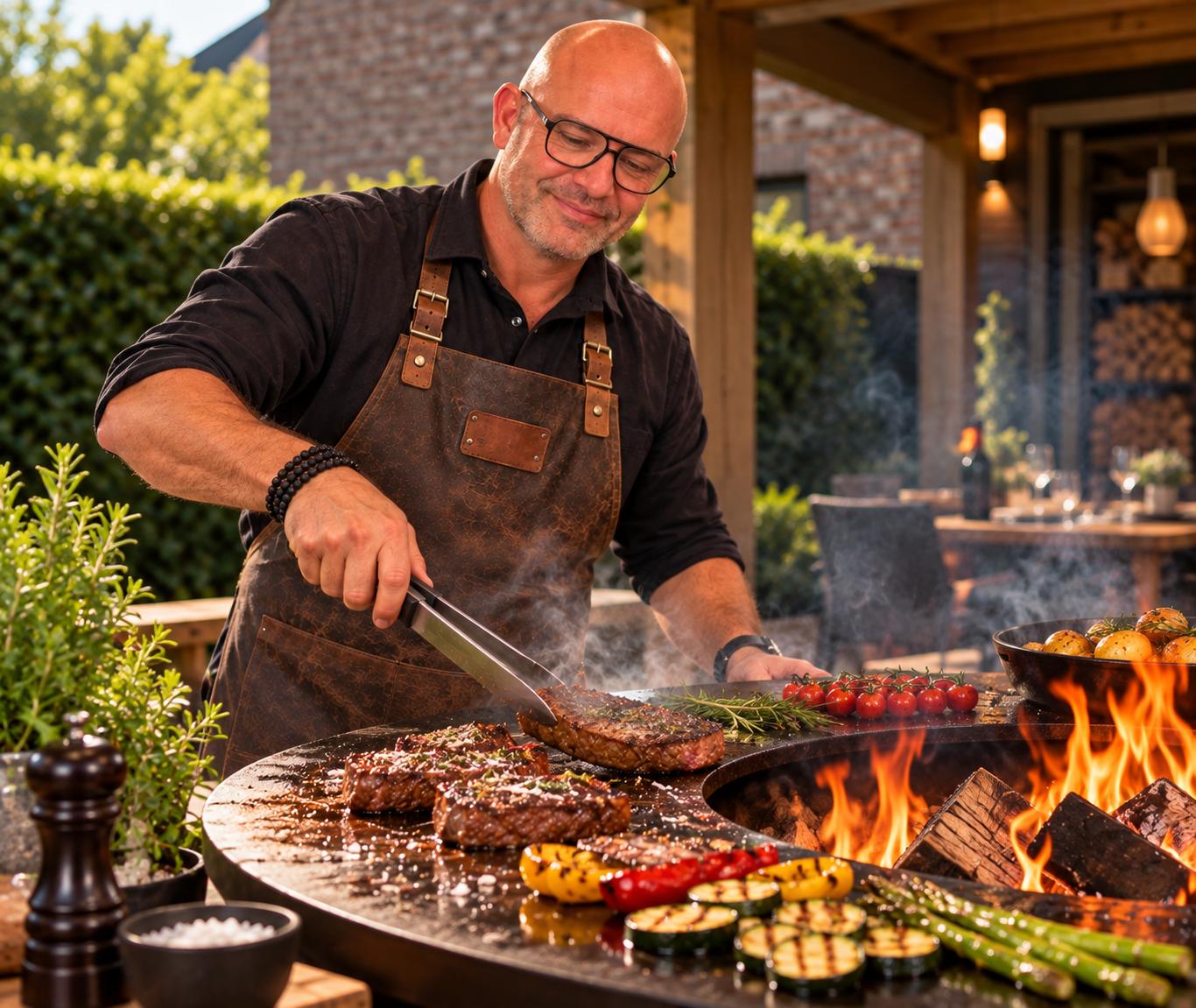Paco bereidt vlees op de barbecue